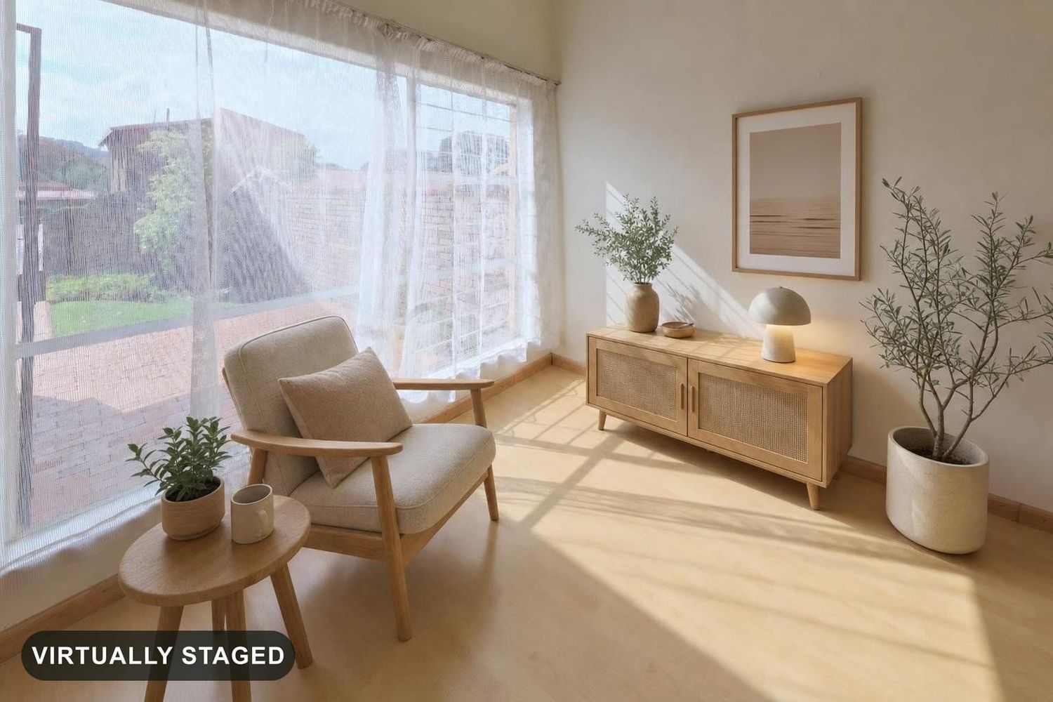 The same living room virtually staged in a Scandinavian style with an armchair, side table and sideboard, with a Virtually Staged label in the bottom corner