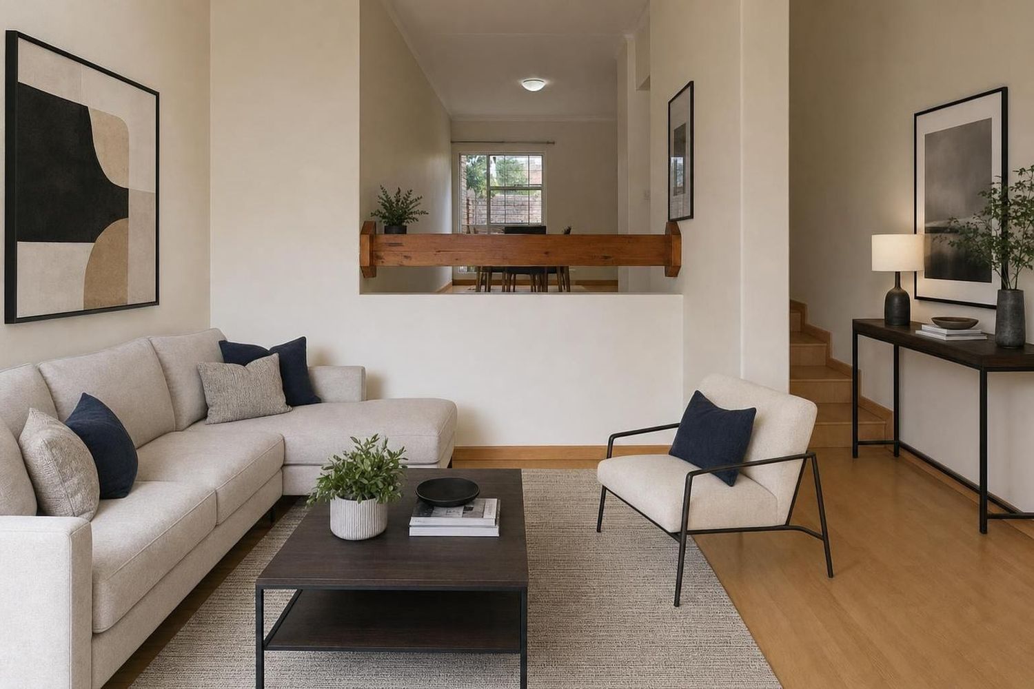 The same living room virtually staged in a modern style with a white sectional sofa, navy cushions, a dark coffee table, an accent chair and large abstract art