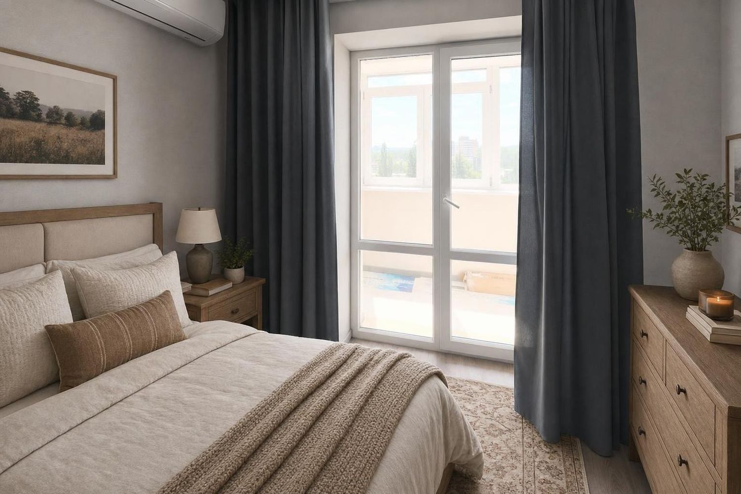 The same primary bedroom virtually staged in a warm farmhouse style with an upholstered bed, layered neutral bedding, a wood dresser and a landscape print