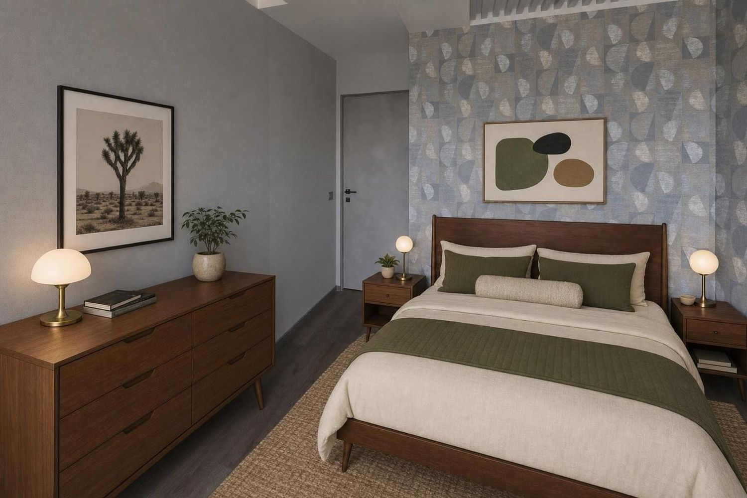 The same bedroom virtually staged in a mid-century modern style with a walnut bed, green bedding, a low dresser, lamps and framed art