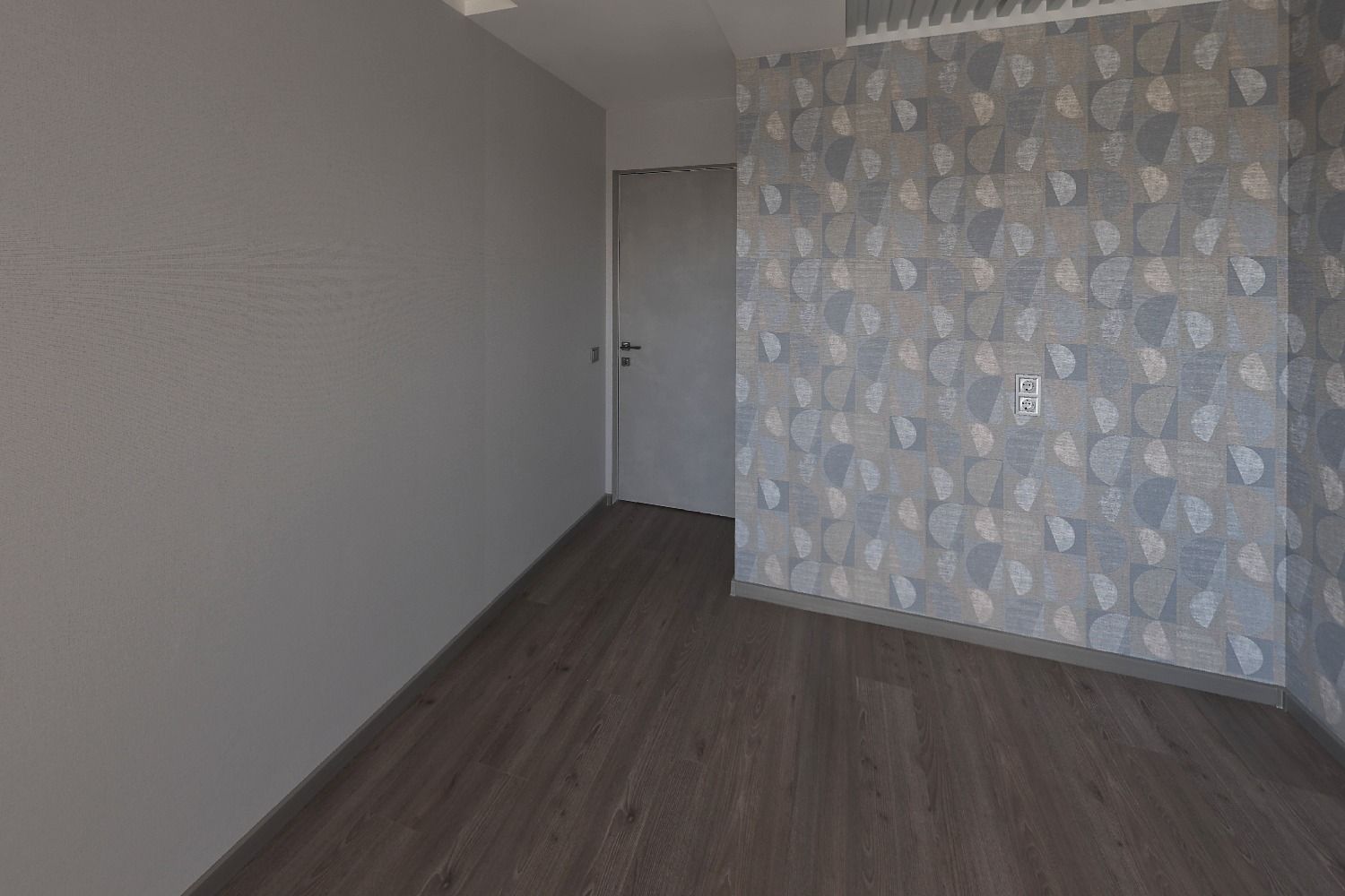 Empty bedroom with gray walls, a patterned accent wall, a white door and a dark wood-look floor, before virtual staging